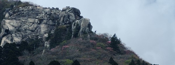 写真1 オバレ石-地蔵岩間の展望台から中道上部岩壁を見上げる 写真1